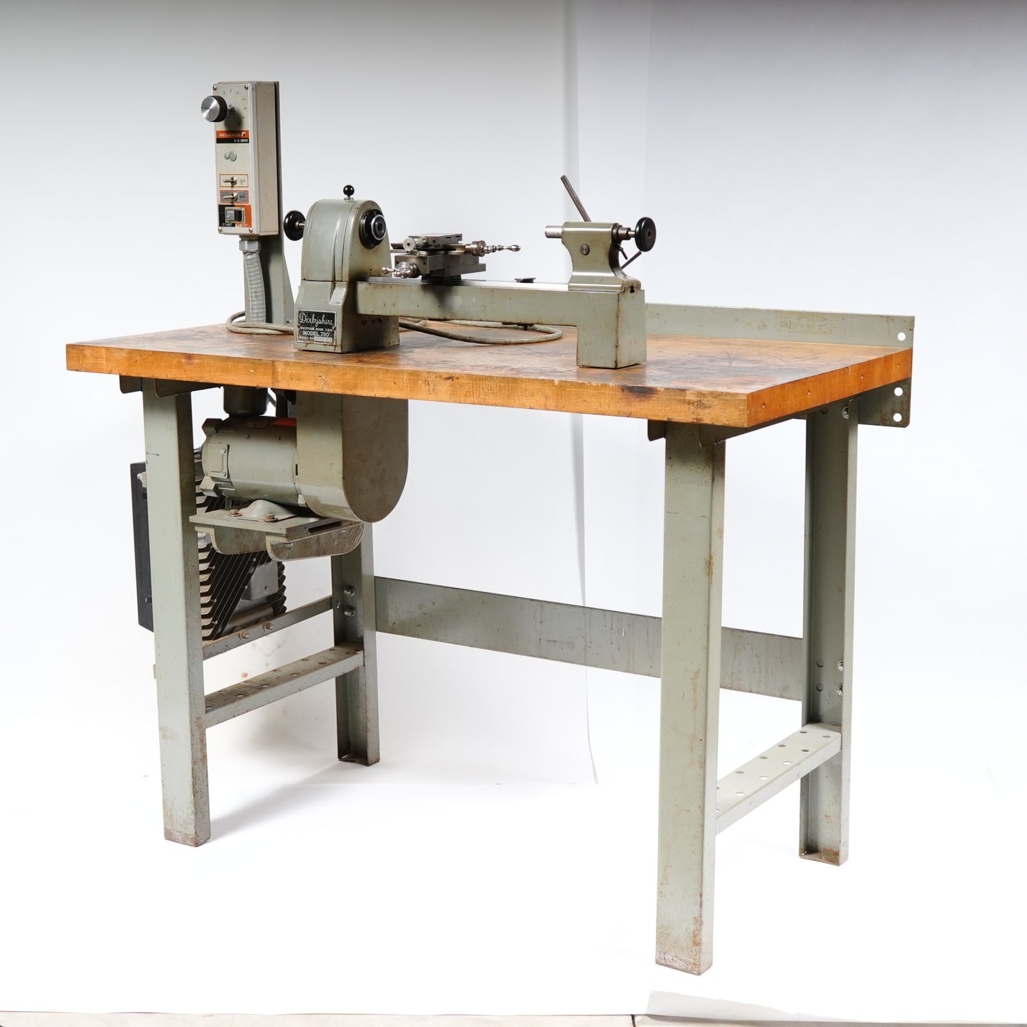 F. W. Derbyshire 10MM Model 750 Precision Lathe on Frame with Motor & Rheostat