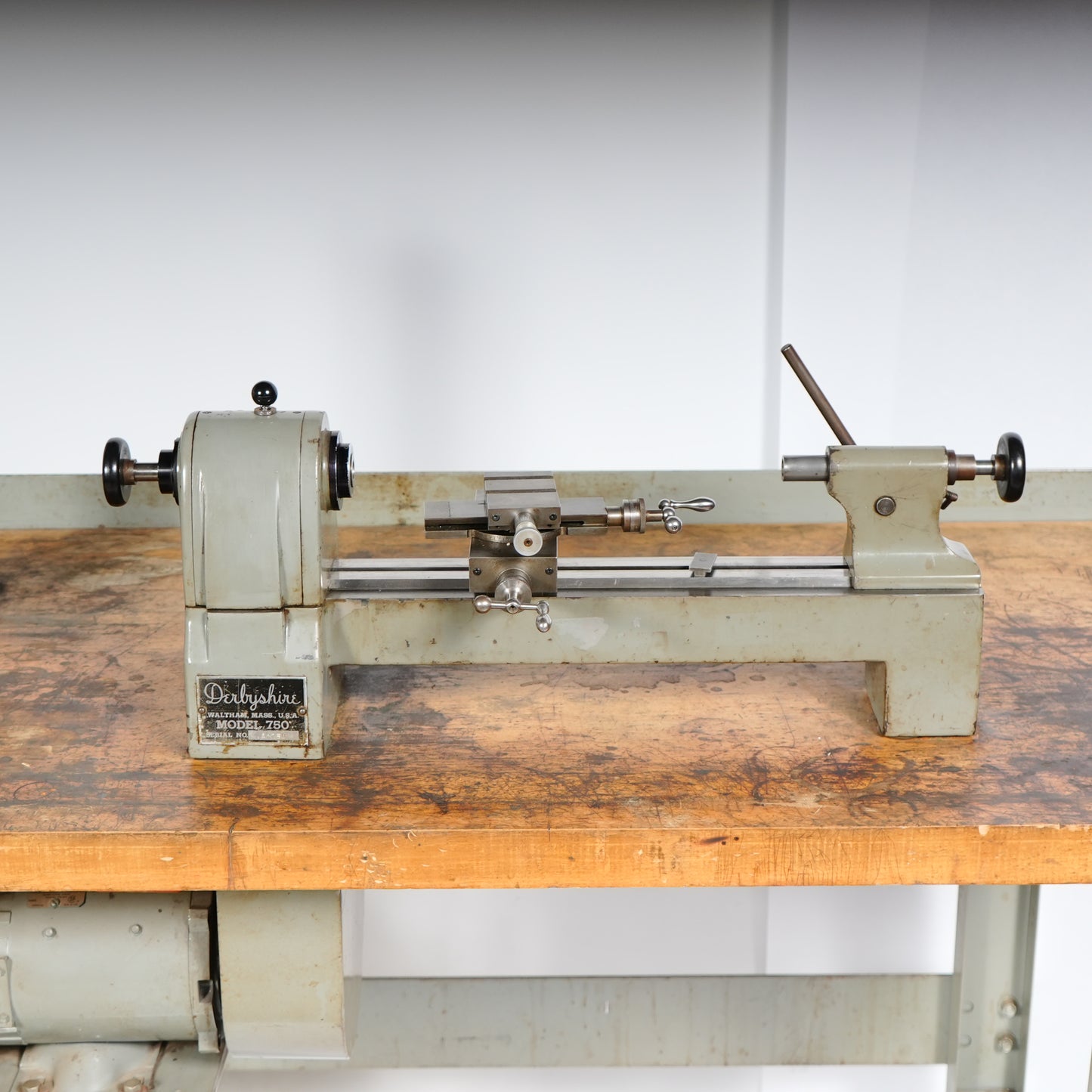 F. W. Derbyshire 10MM Model 750 Precision Lathe on Frame with Motor & Rheostat