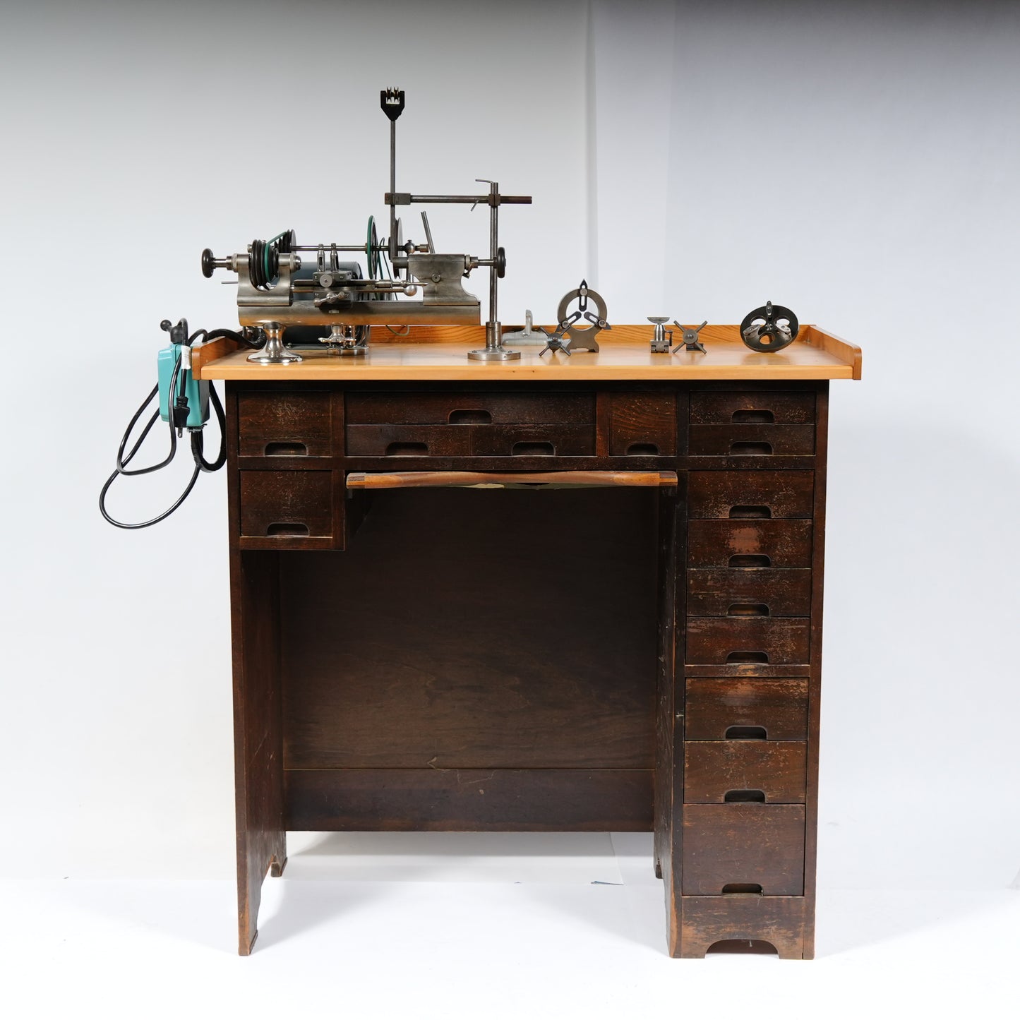 F. W. Derbyshire Watchmaker’s 10MM Lathe with Bench, Transmission Pulley & Accessories