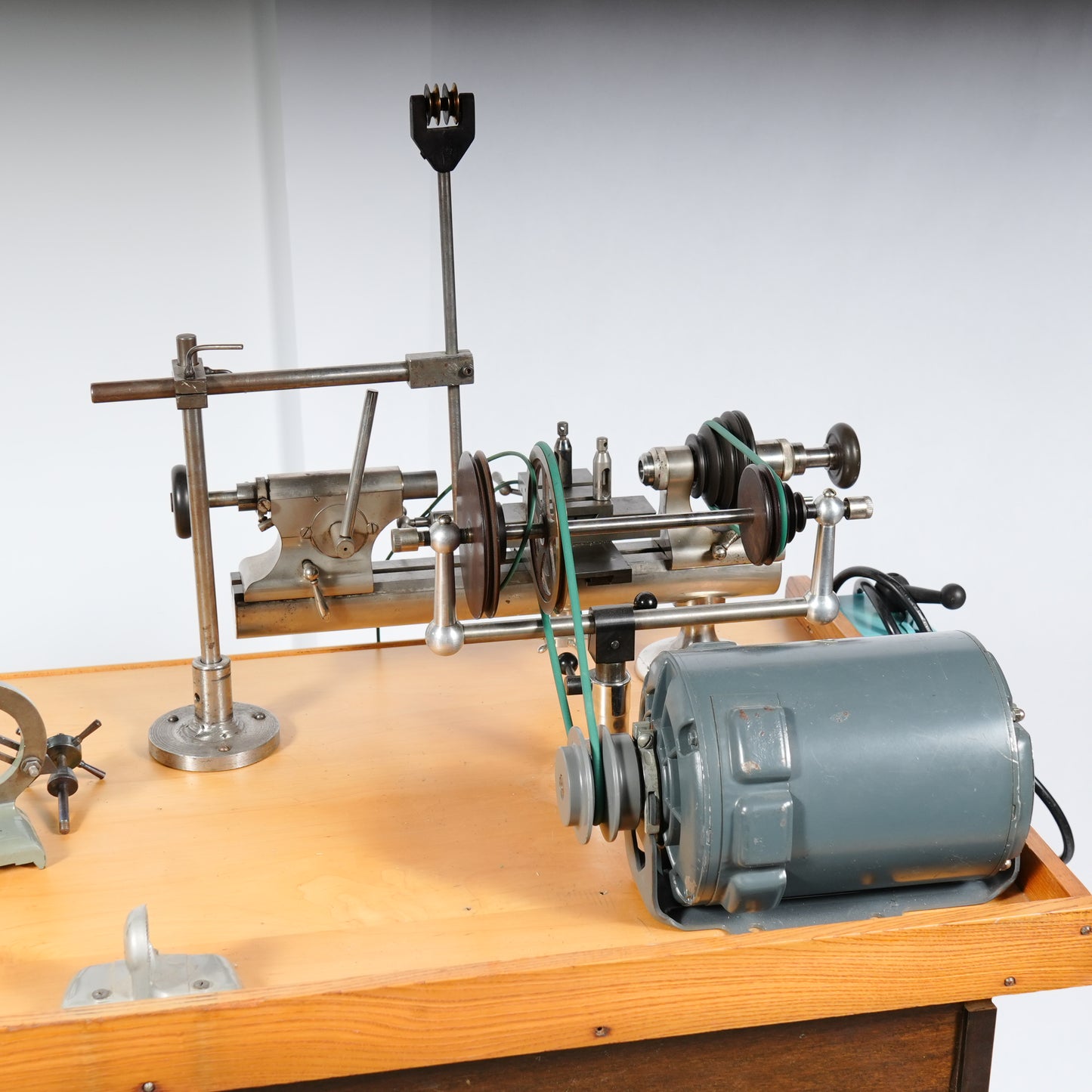 F. W. Derbyshire Watchmaker’s 10MM Lathe with Bench, Transmission Pulley & Accessories