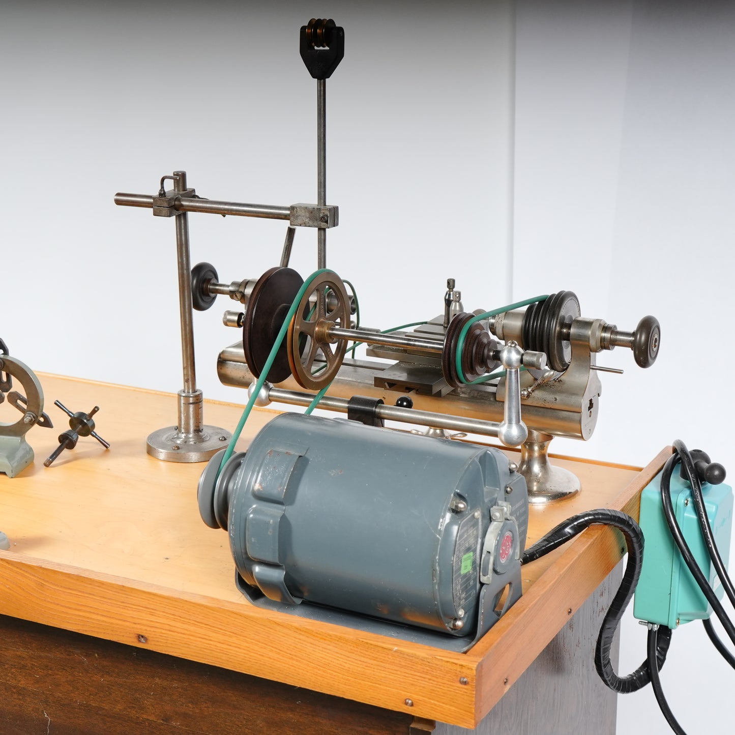 F. W. Derbyshire Watchmaker’s 10MM Lathe with Bench, Transmission Pulley & Accessories