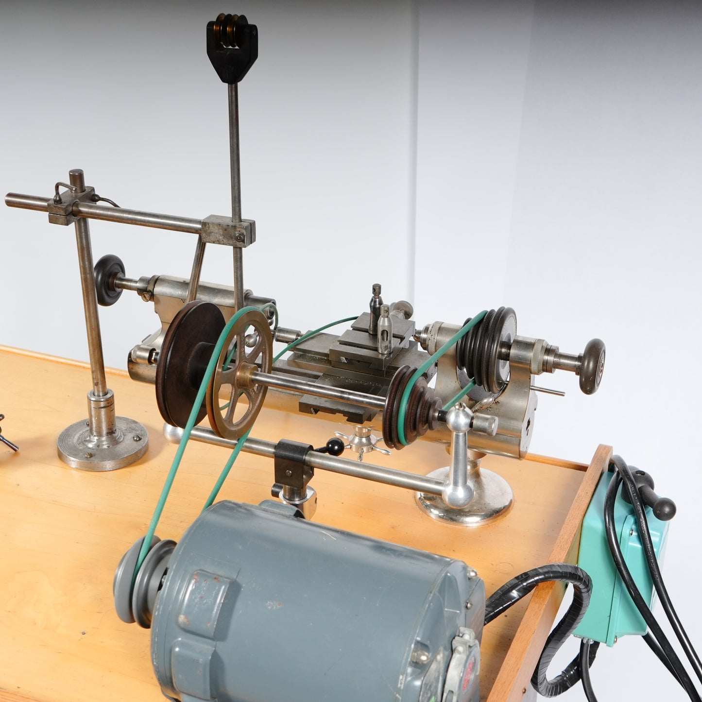 F. W. Derbyshire Watchmaker’s 10MM Lathe with Bench, Transmission Pulley & Accessories