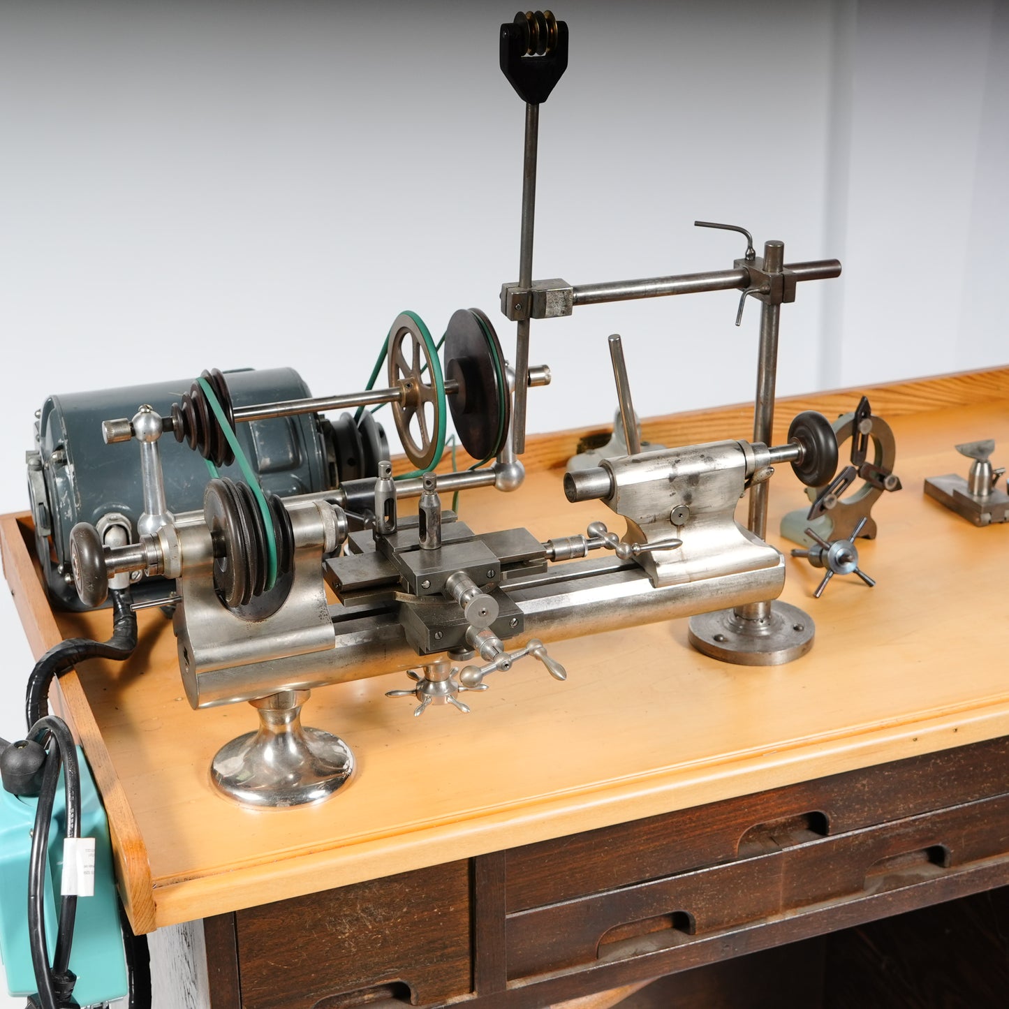 F. W. Derbyshire Watchmaker’s 10MM Lathe with Bench, Transmission Pulley & Accessories