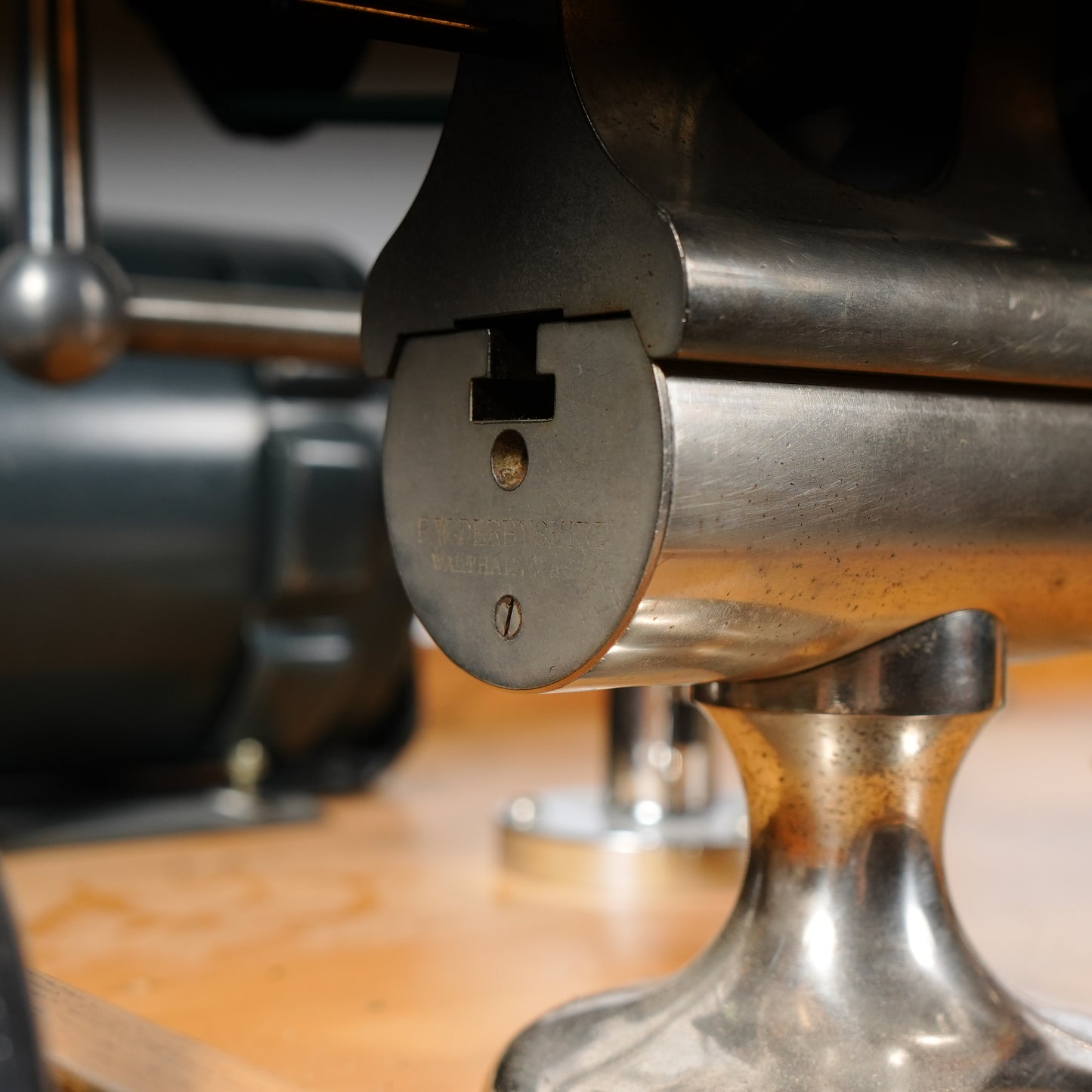 F. W. Derbyshire Watchmaker’s 10MM Lathe with Bench, Transmission Pulley & Accessories
