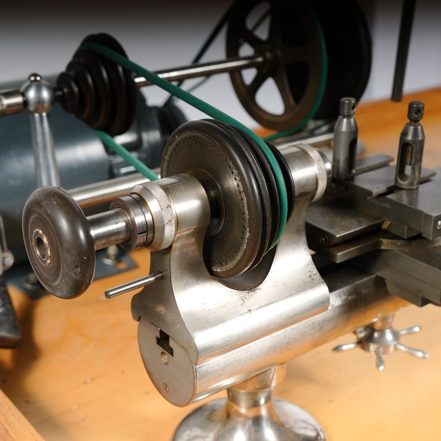 F. W. Derbyshire Watchmaker’s 10MM Lathe with Bench, Transmission Pulley & Accessories