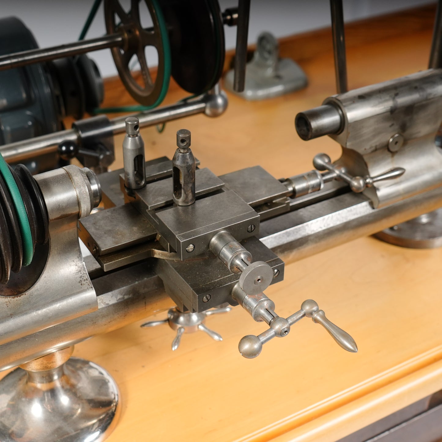 F. W. Derbyshire Watchmaker’s 10MM Lathe with Bench, Transmission Pulley & Accessories