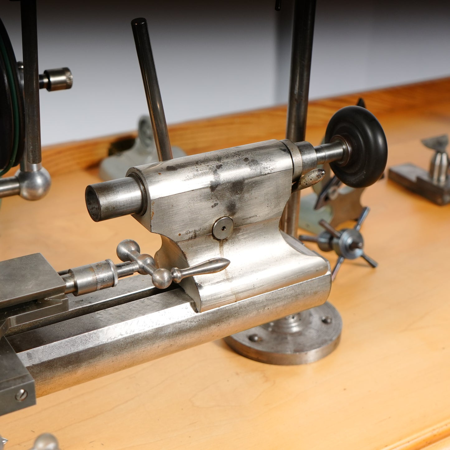 F. W. Derbyshire Watchmaker’s 10MM Lathe with Bench, Transmission Pulley & Accessories