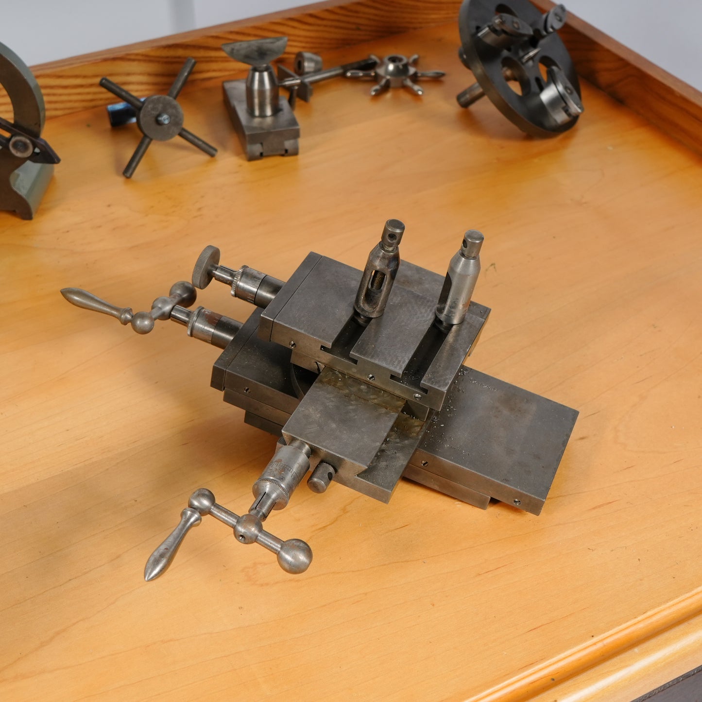 F. W. Derbyshire Watchmaker’s 10MM Lathe with Bench, Transmission Pulley & Accessories
