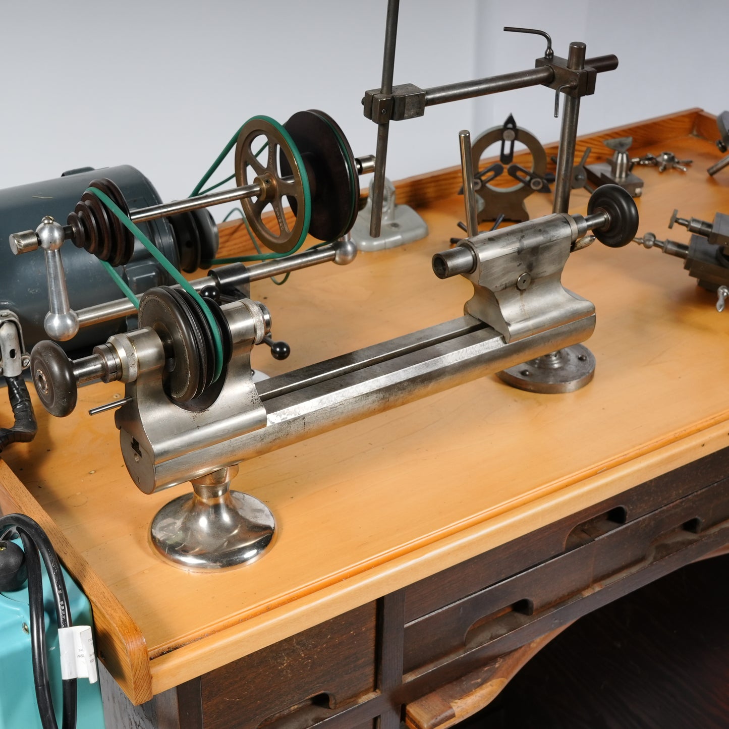 F. W. Derbyshire Watchmaker’s 10MM Lathe with Bench, Transmission Pulley & Accessories