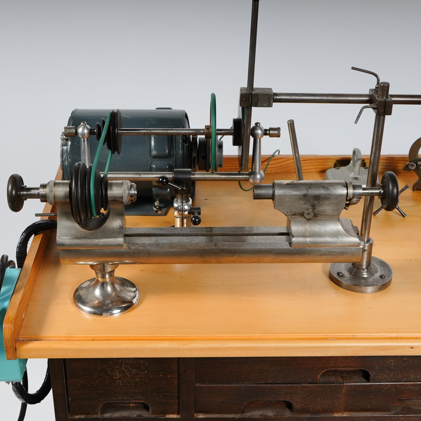 F. W. Derbyshire Watchmaker’s 10MM Lathe with Bench, Transmission Pulley & Accessories