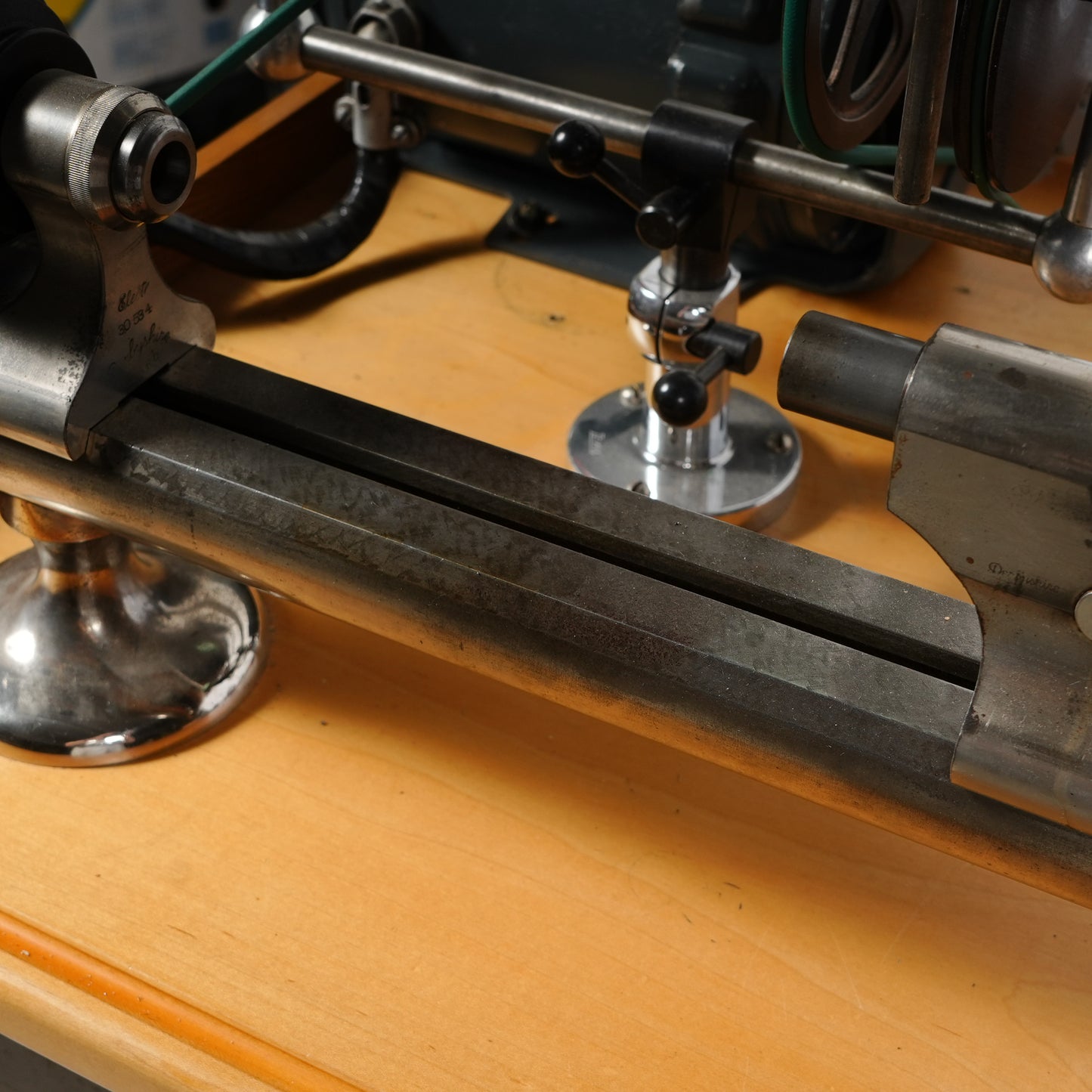 F. W. Derbyshire Watchmaker’s 10MM Lathe with Bench, Transmission Pulley & Accessories