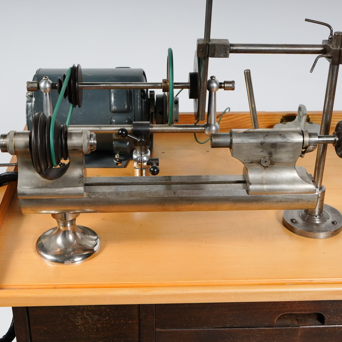 F. W. Derbyshire Watchmaker’s 10MM Lathe with Bench, Transmission Pulley & Accessories