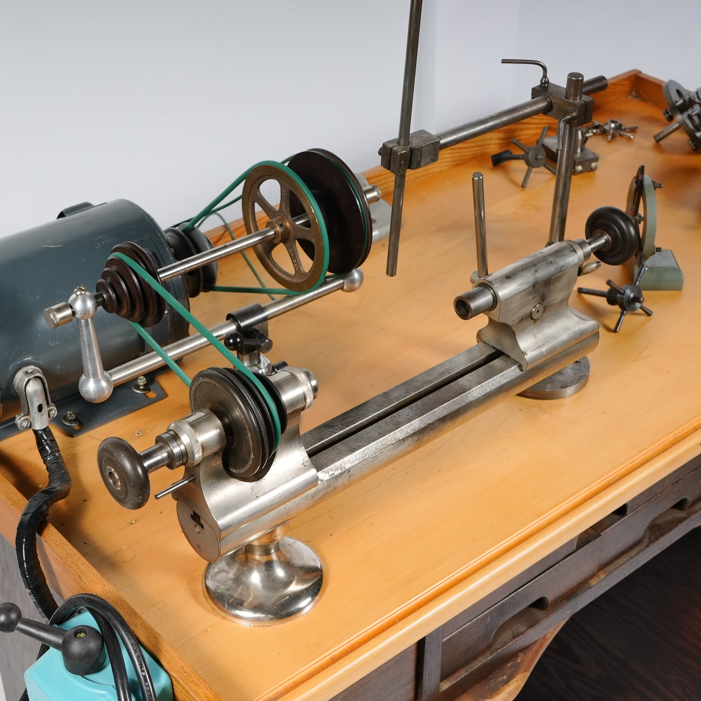 F. W. Derbyshire Watchmaker’s 10MM Lathe with Bench, Transmission Pulley & Accessories