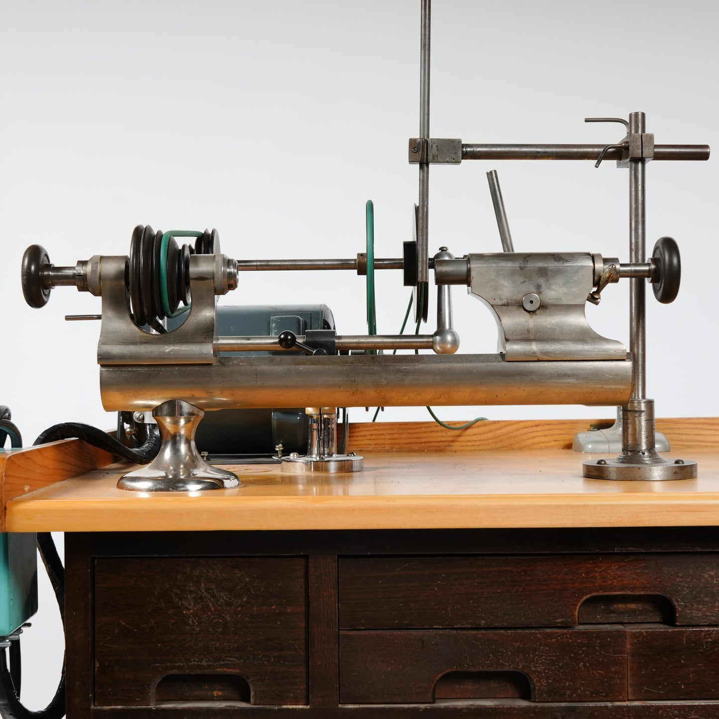 F. W. Derbyshire Watchmaker’s 10MM Lathe with Bench, Transmission Pulley & Accessories
