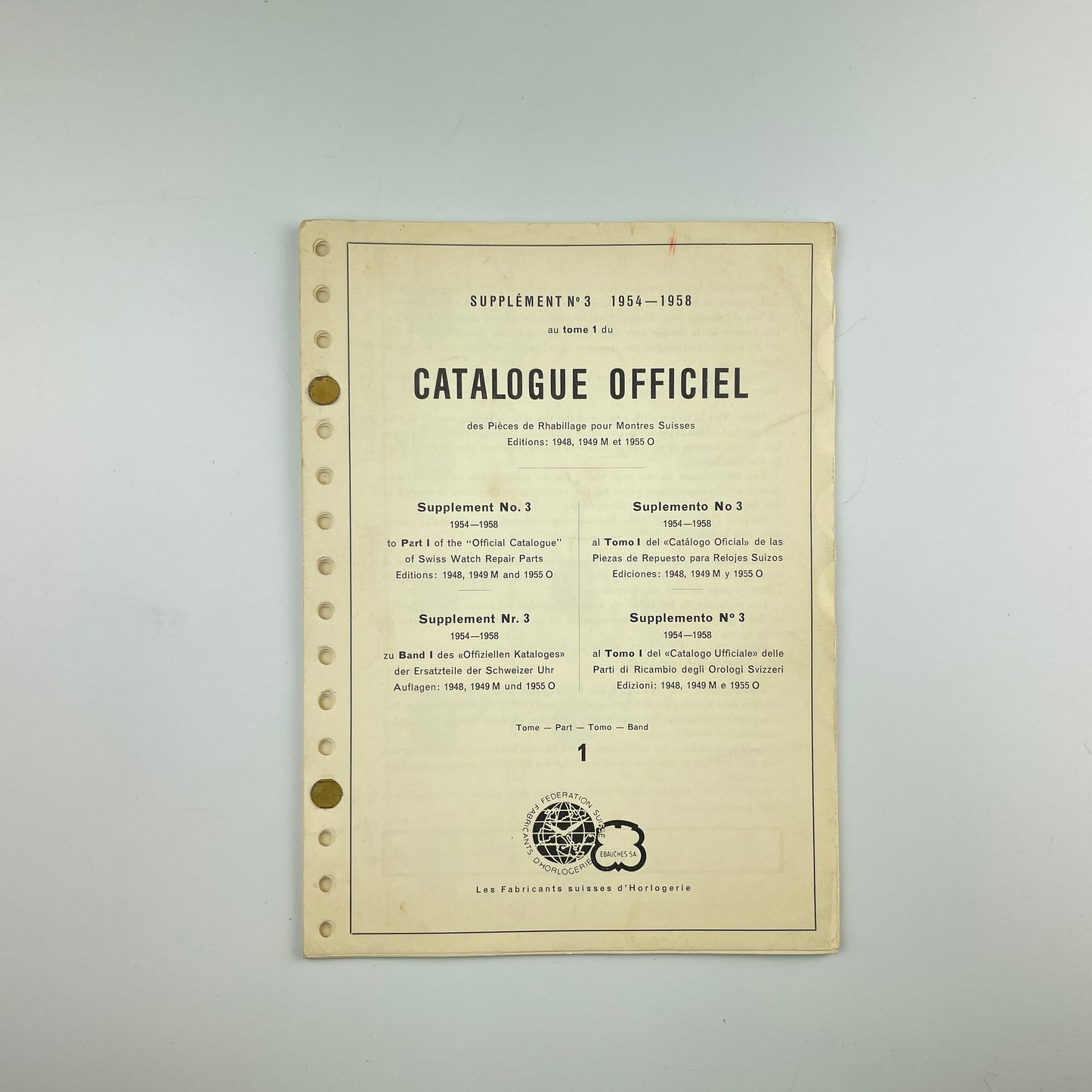 Official Catalogue of Swiss Watch Repair Parts Supplement No. 3 Part 1 1954-1958