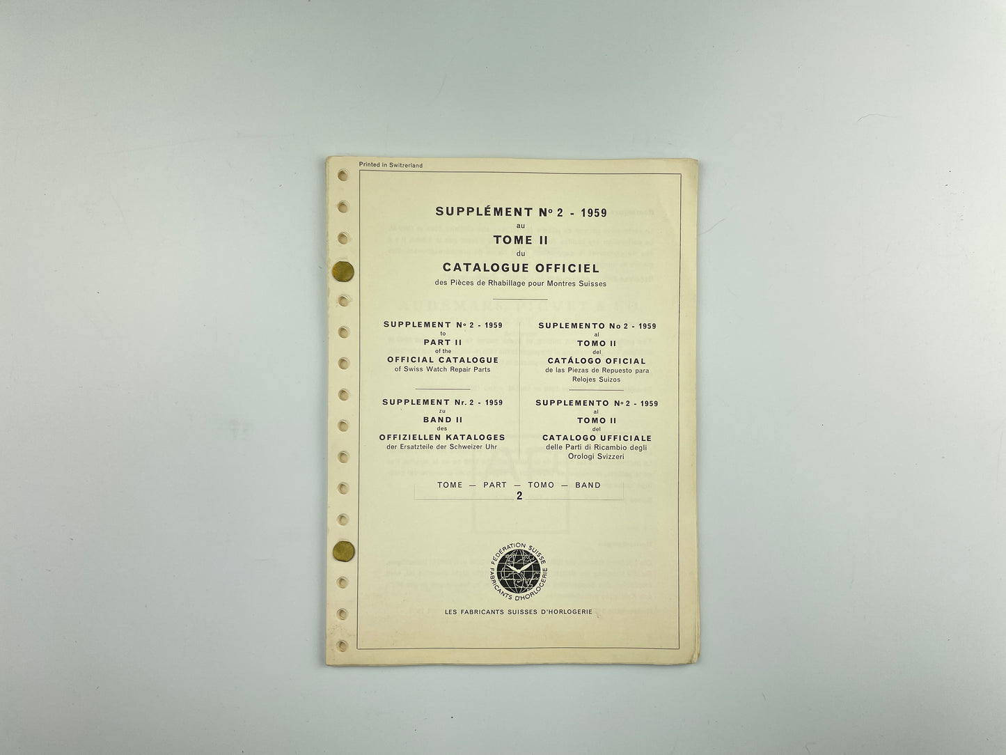 Official Catalogue of Swiss Watch Repair Parts Supplement No. 2 Part 2 1959