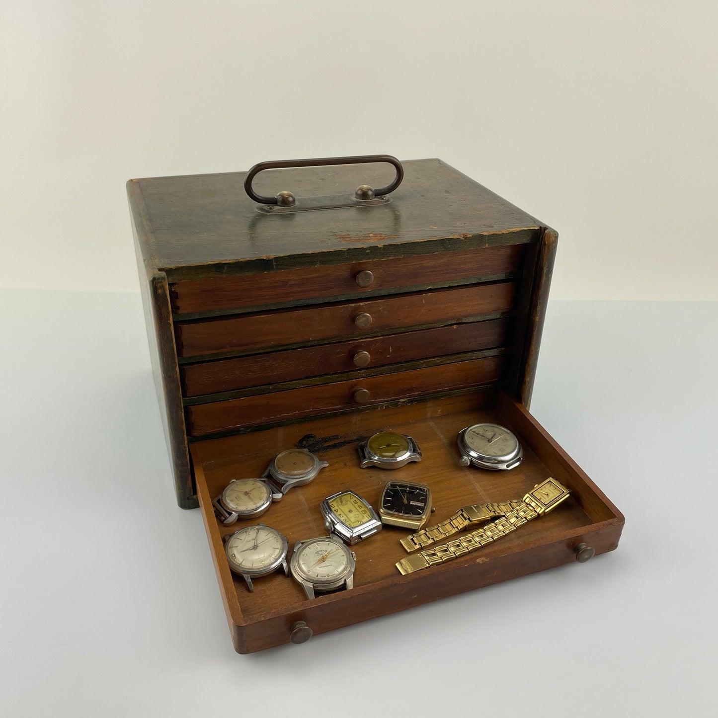 Lot 86- Wooden Tray Case with Watch Contents