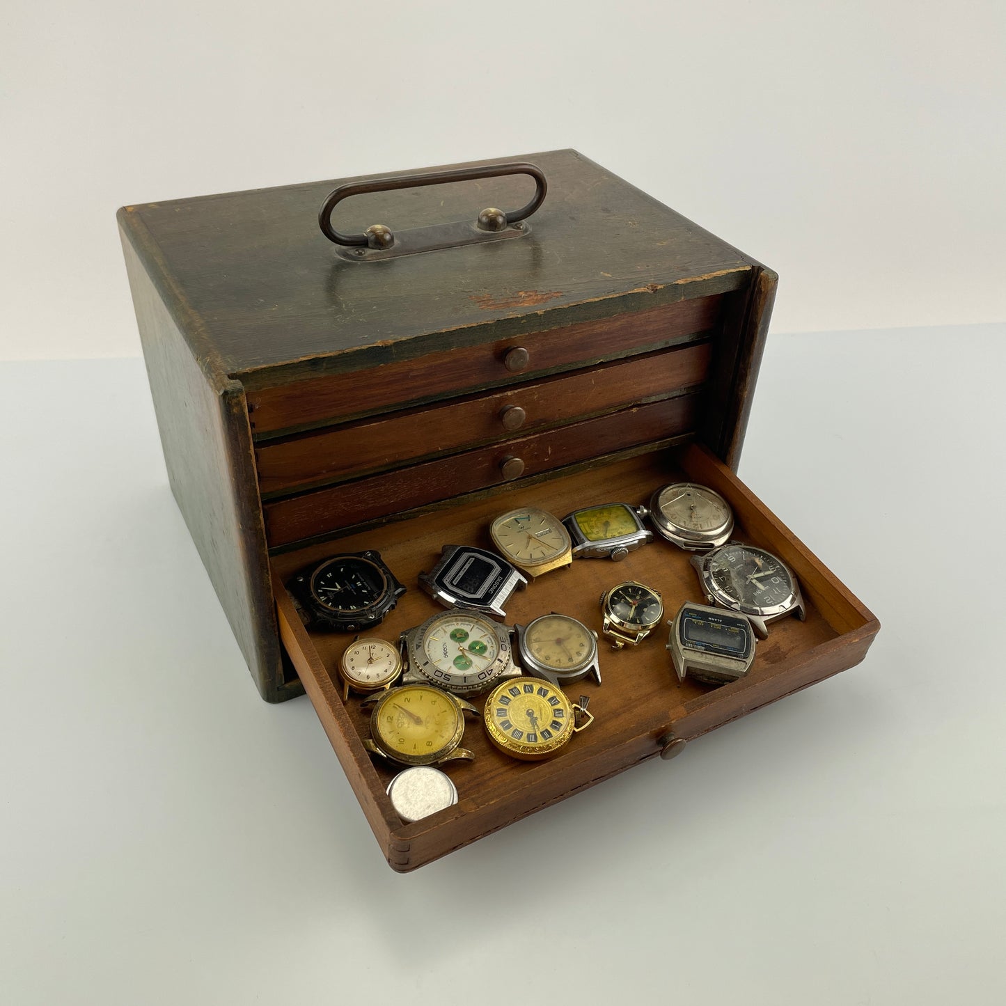 Lot 86- Wooden Tray Case with Watch Contents