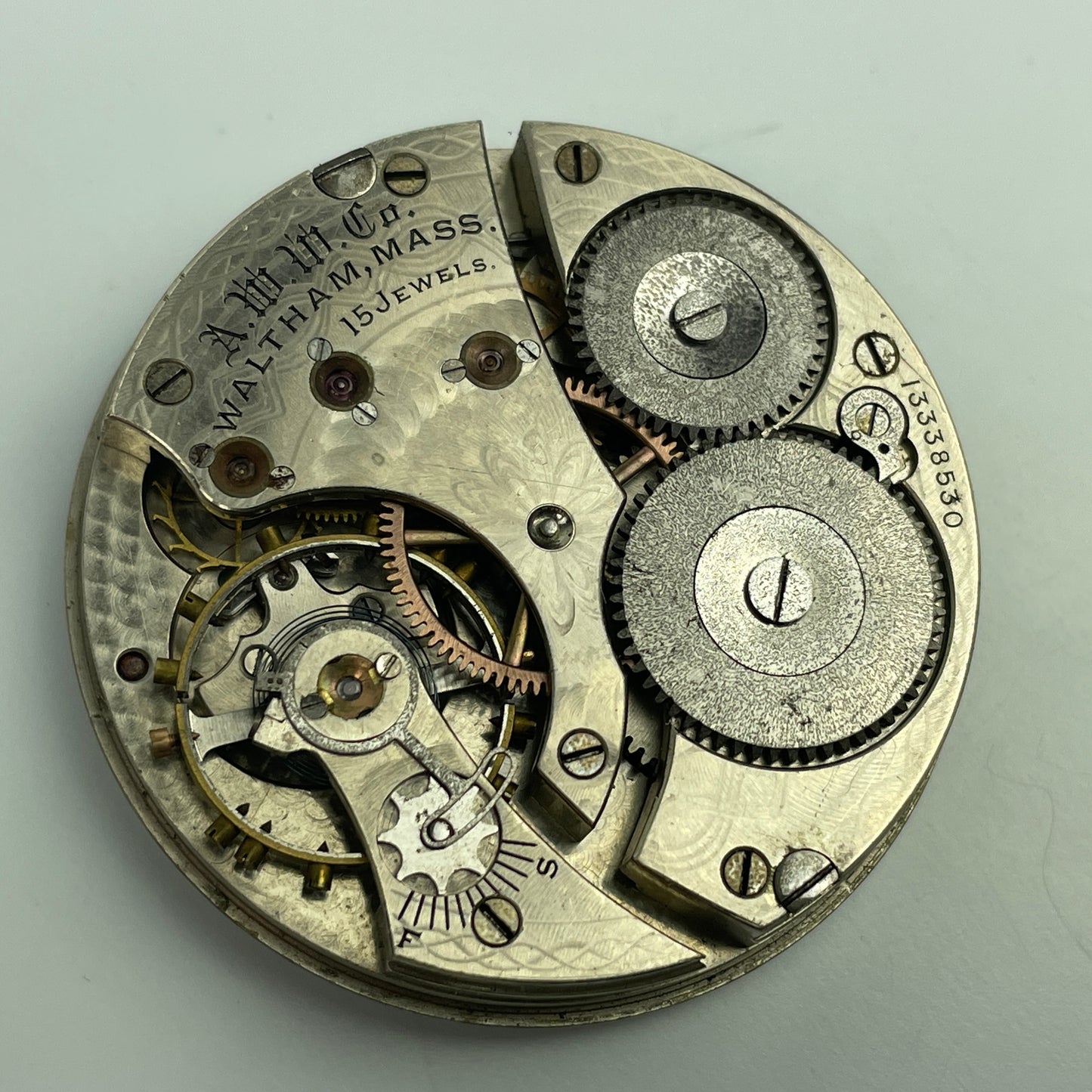 Lot 74- Waltham 16 Size 15 Jewel Hunting Nickel Pocket Watch Movement