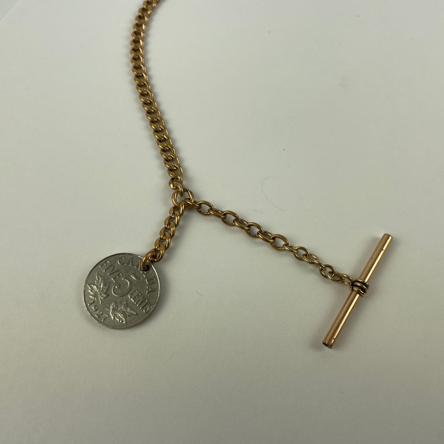 Jan Lot 54- Men's YGF 13-ince Pocket Watch Chain w/ Canadian 5 cent coin