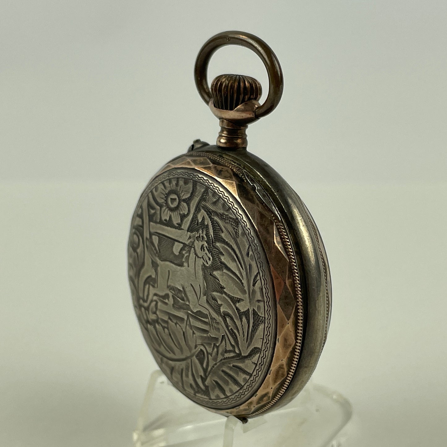 Feb Lot 79- Swiss Coin Silver w/ gold bezels Pocket Watch