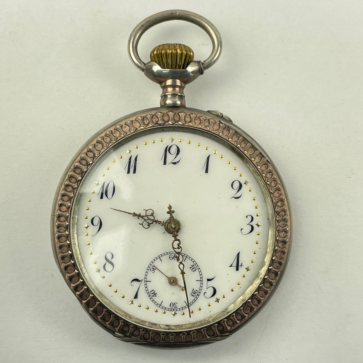 Lot 42- Swiss Coin Silver Open Face Pocket Watch w/Gold Bezels