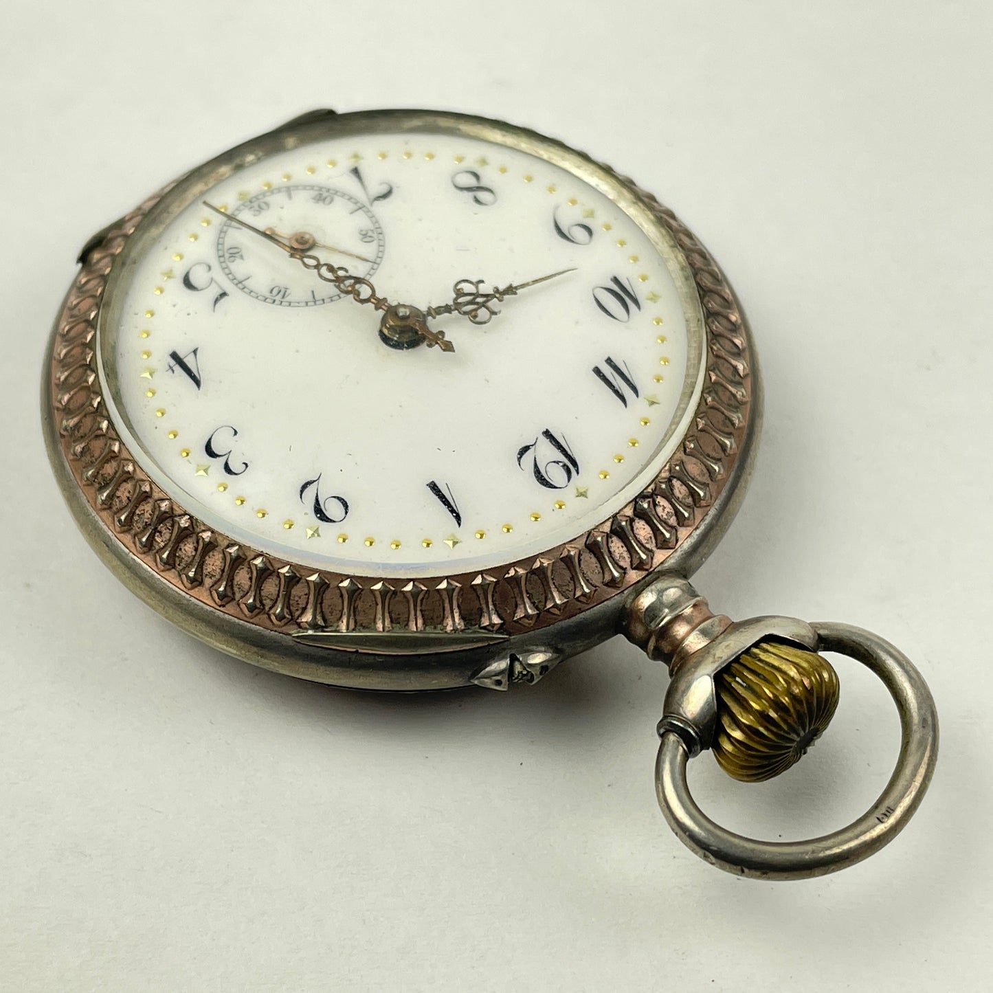 Lot 42- Swiss Coin Silver Open Face Pocket Watch w/Gold Bezels