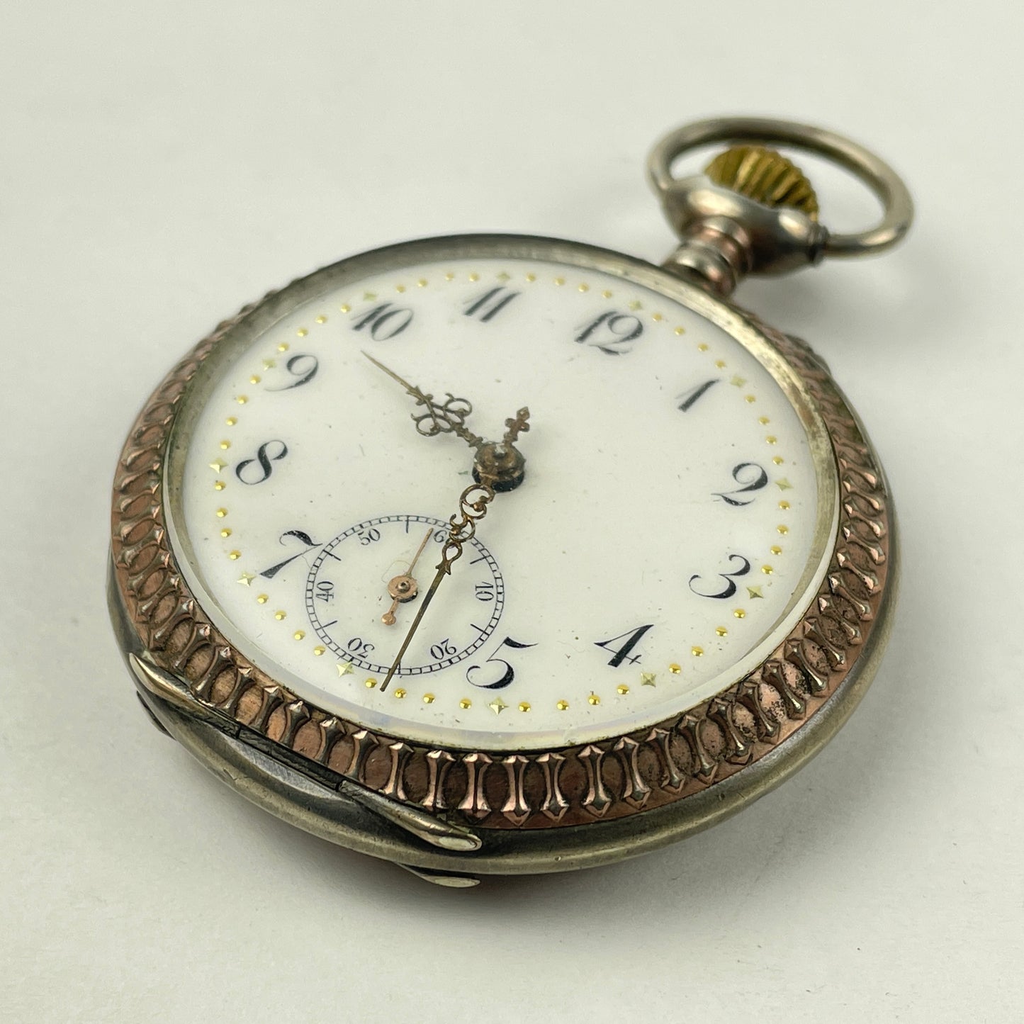Lot 42- Swiss Coin Silver Open Face Pocket Watch w/Gold Bezels