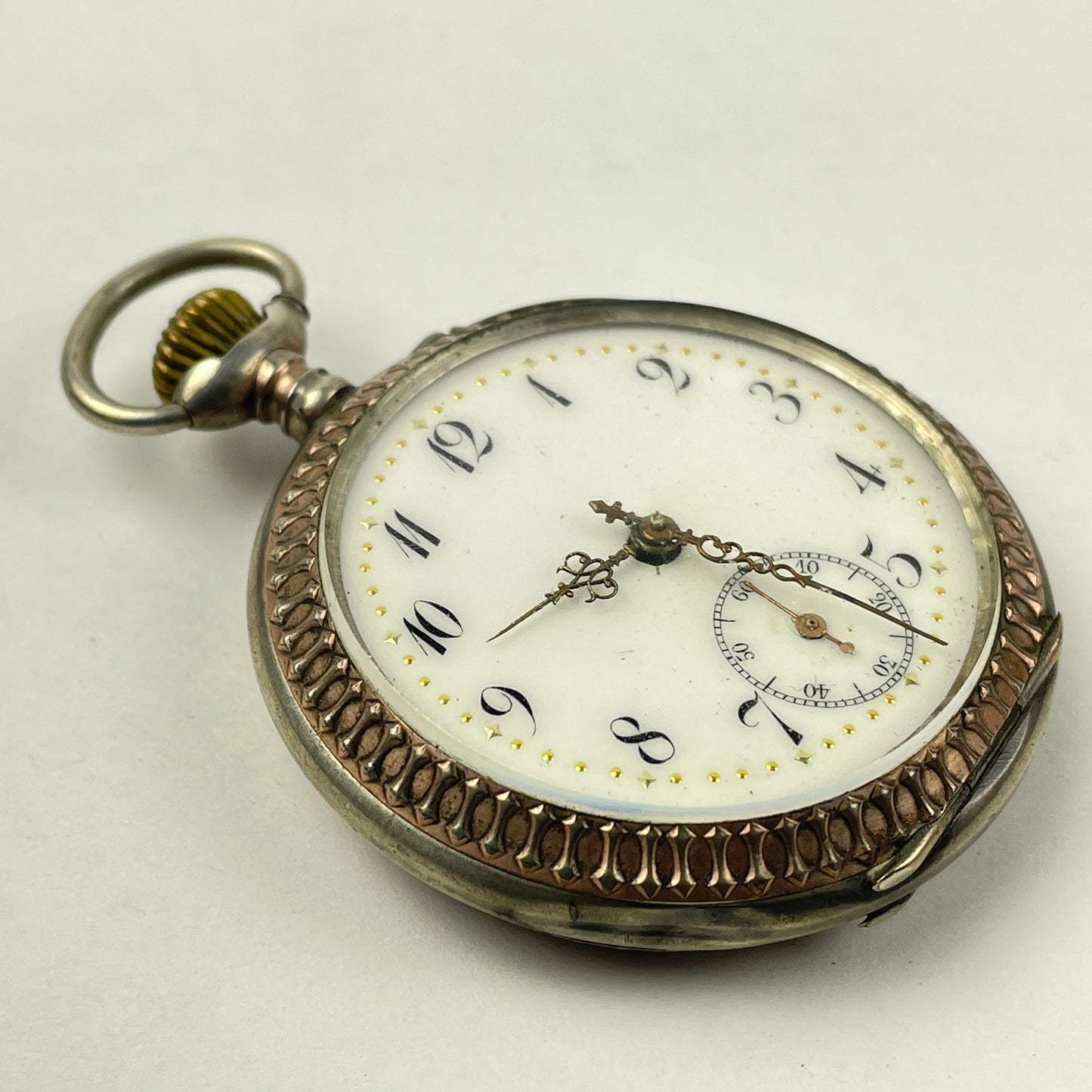 Lot 42- Swiss Coin Silver Open Face Pocket Watch w/Gold Bezels