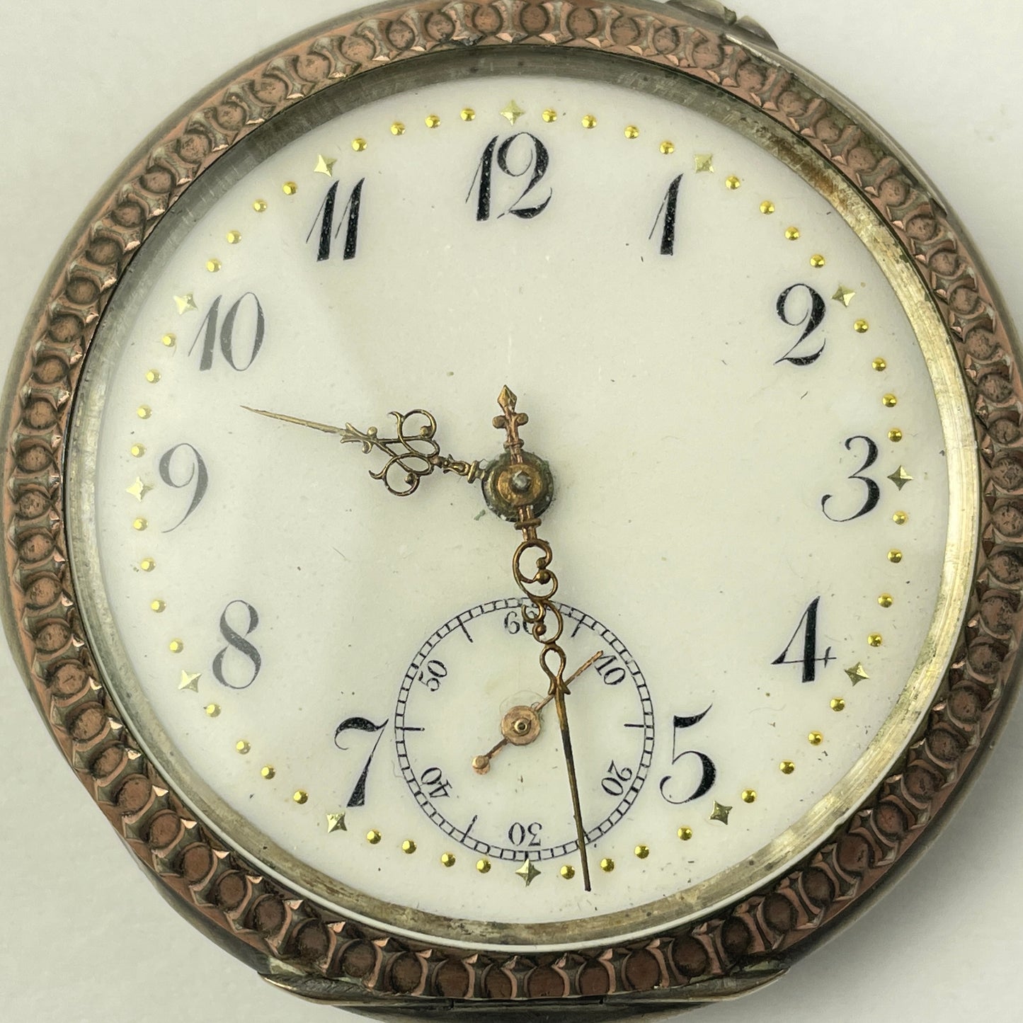 Lot 42- Swiss Coin Silver Open Face Pocket Watch w/Gold Bezels