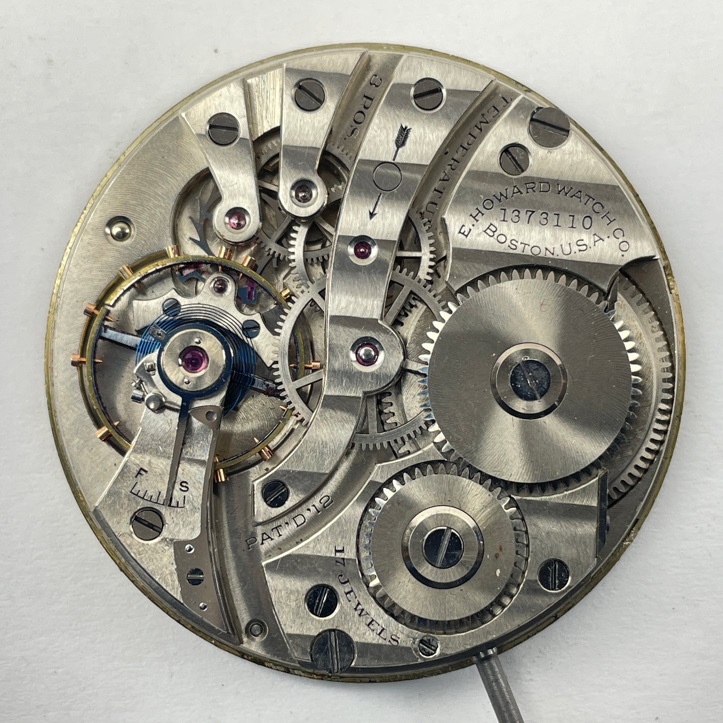Lot 18- E. Howard & Co. 12 Size Pocket Watch Movement