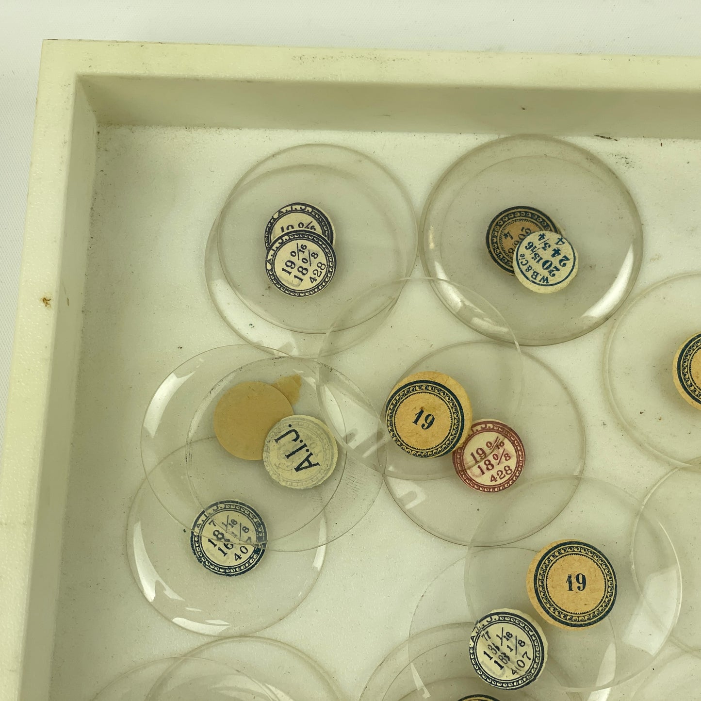 Apr Lot 12- Assortment of 50 Labeled Pocket Watch Glass Crystals
