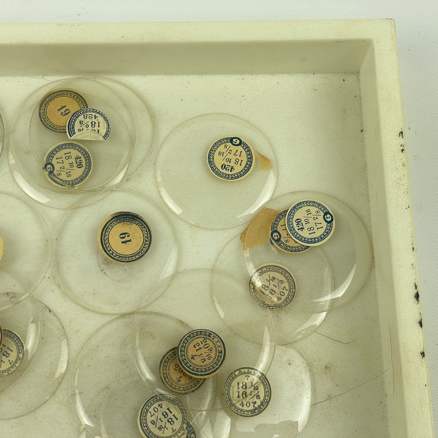 Apr Lot 12- Assortment of 50 Labeled Pocket Watch Glass Crystals
