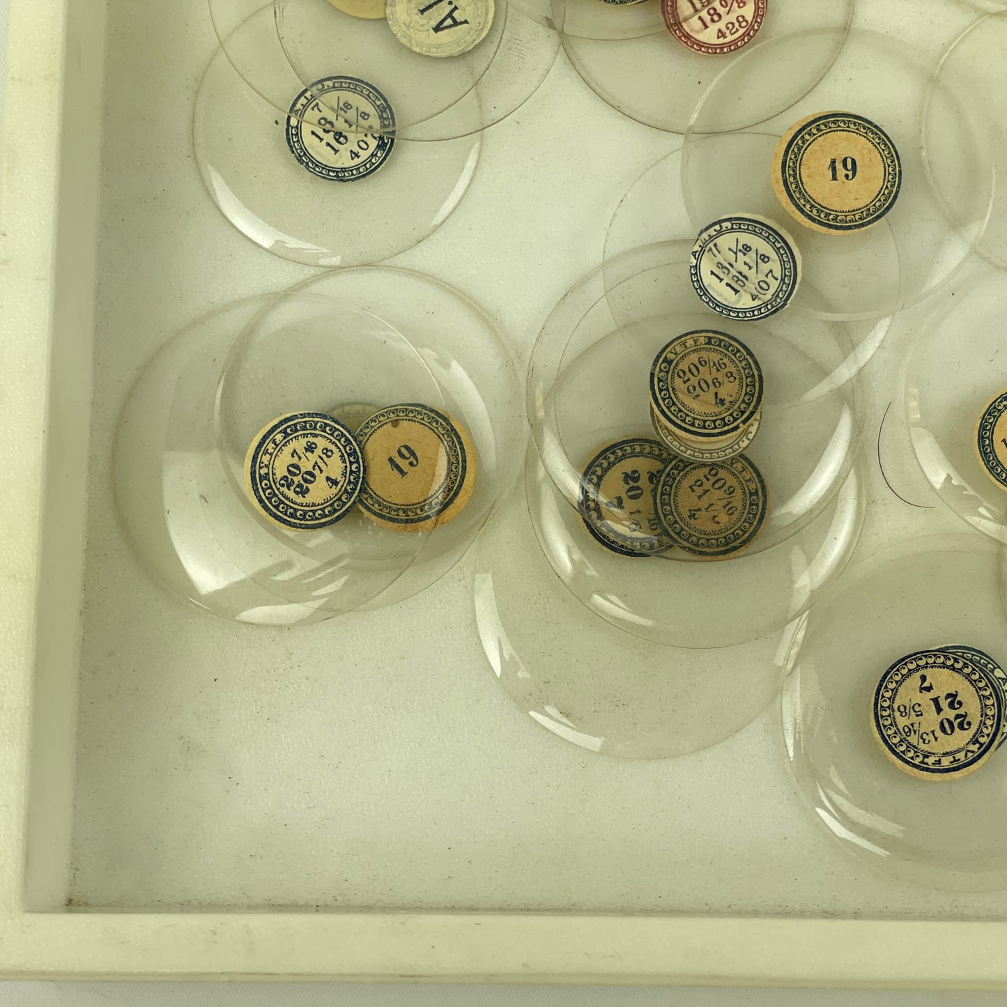Apr Lot 12- Assortment of 50 Labeled Pocket Watch Glass Crystals