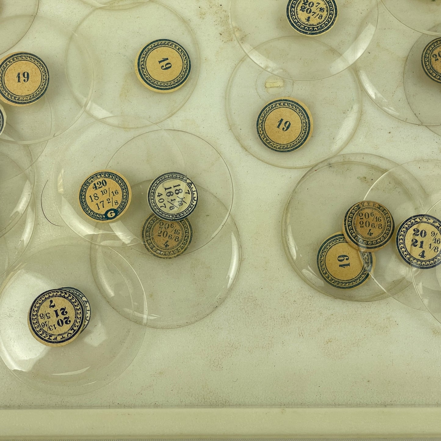 Apr Lot 12- Assortment of 50 Labeled Pocket Watch Glass Crystals