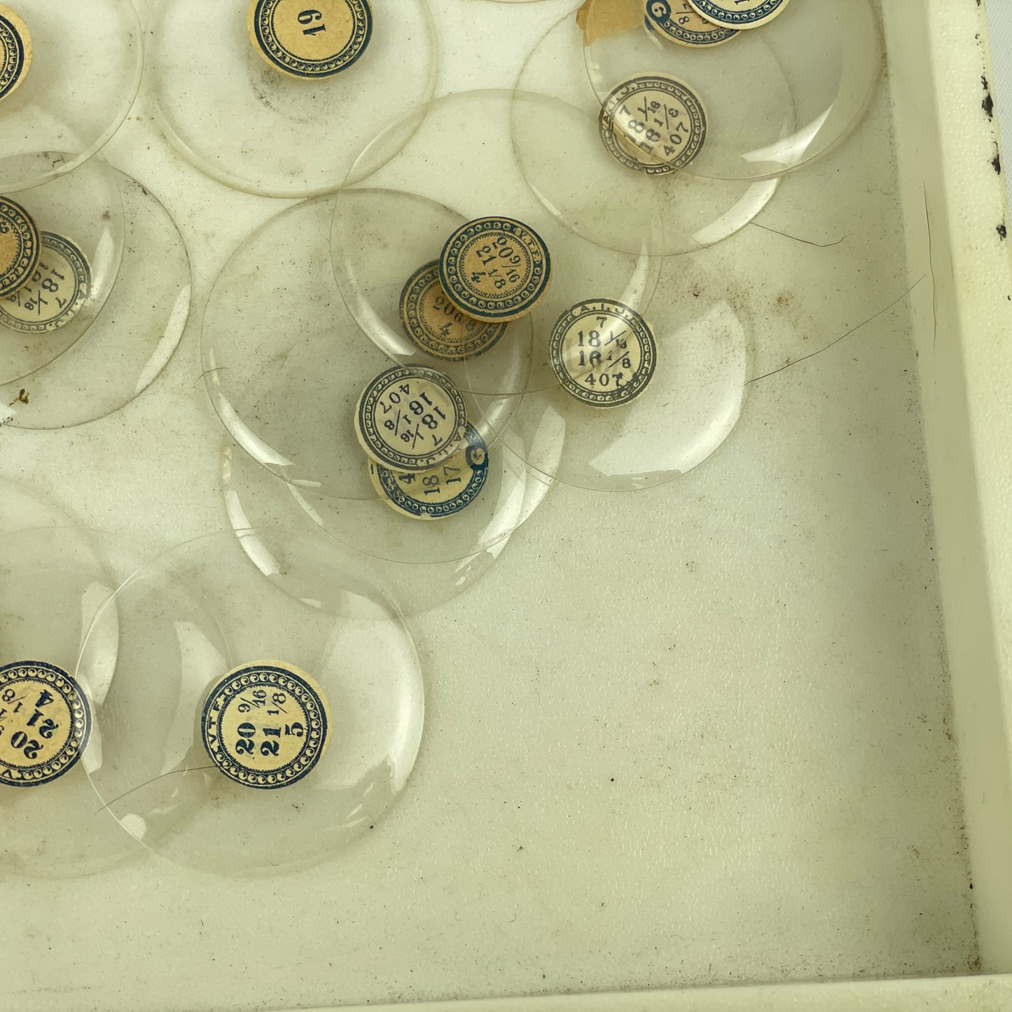 Apr Lot 12- Assortment of 50 Labeled Pocket Watch Glass Crystals