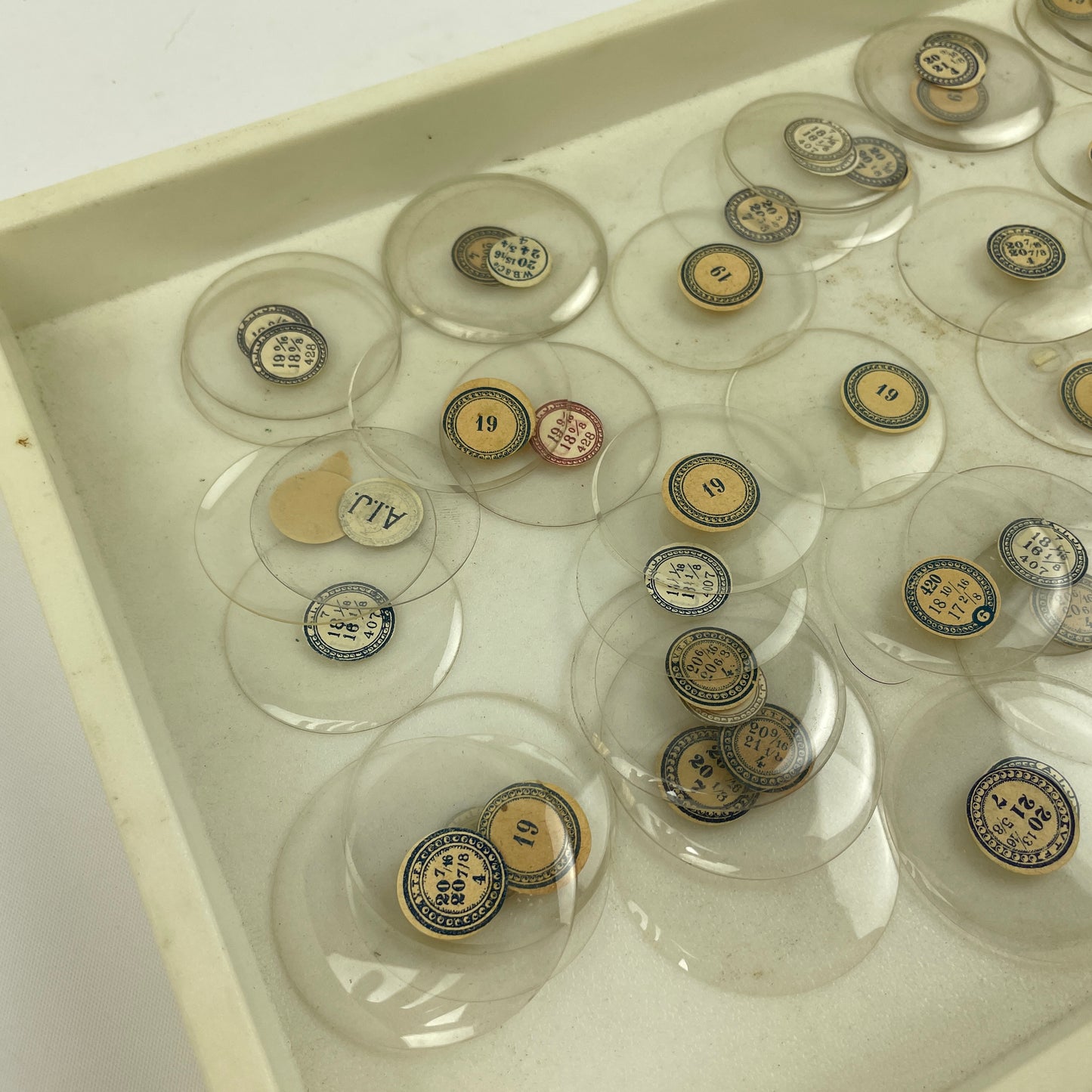 Apr Lot 12- Assortment of 50 Labeled Pocket Watch Glass Crystals
