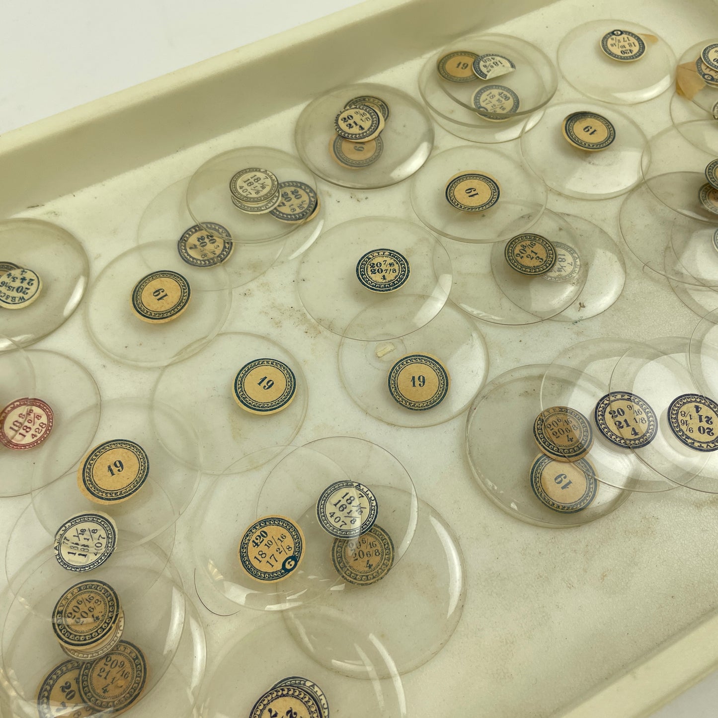 Apr Lot 12- Assortment of 50 Labeled Pocket Watch Glass Crystals