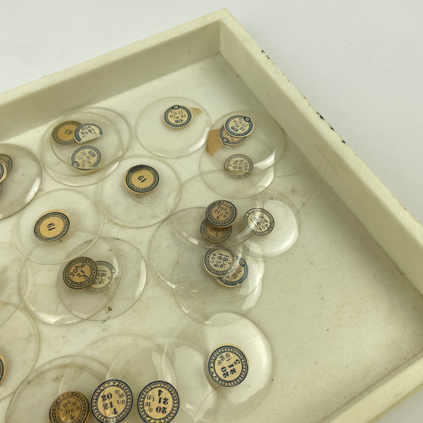Apr Lot 12- Assortment of 50 Labeled Pocket Watch Glass Crystals
