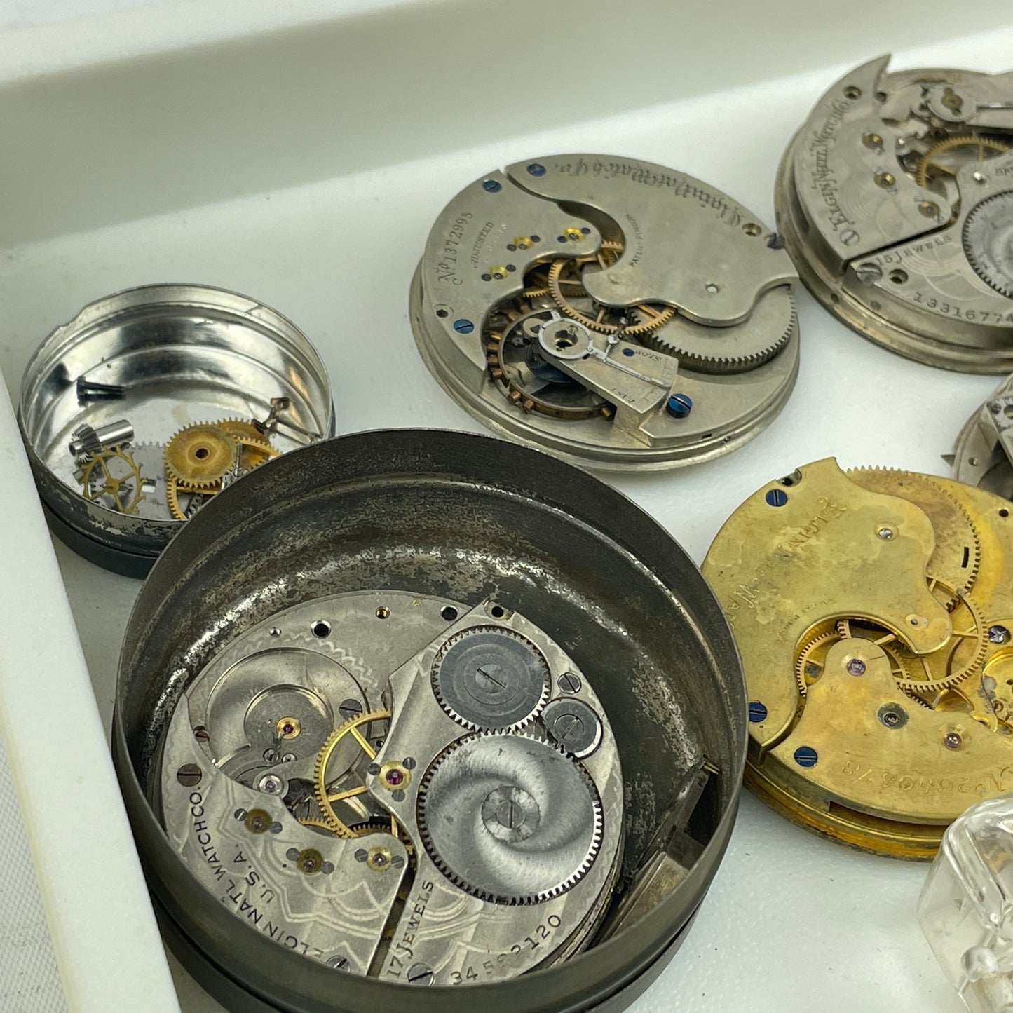 Lot 44 - Elgin Pocket Watch Parts Movement Tray Lot