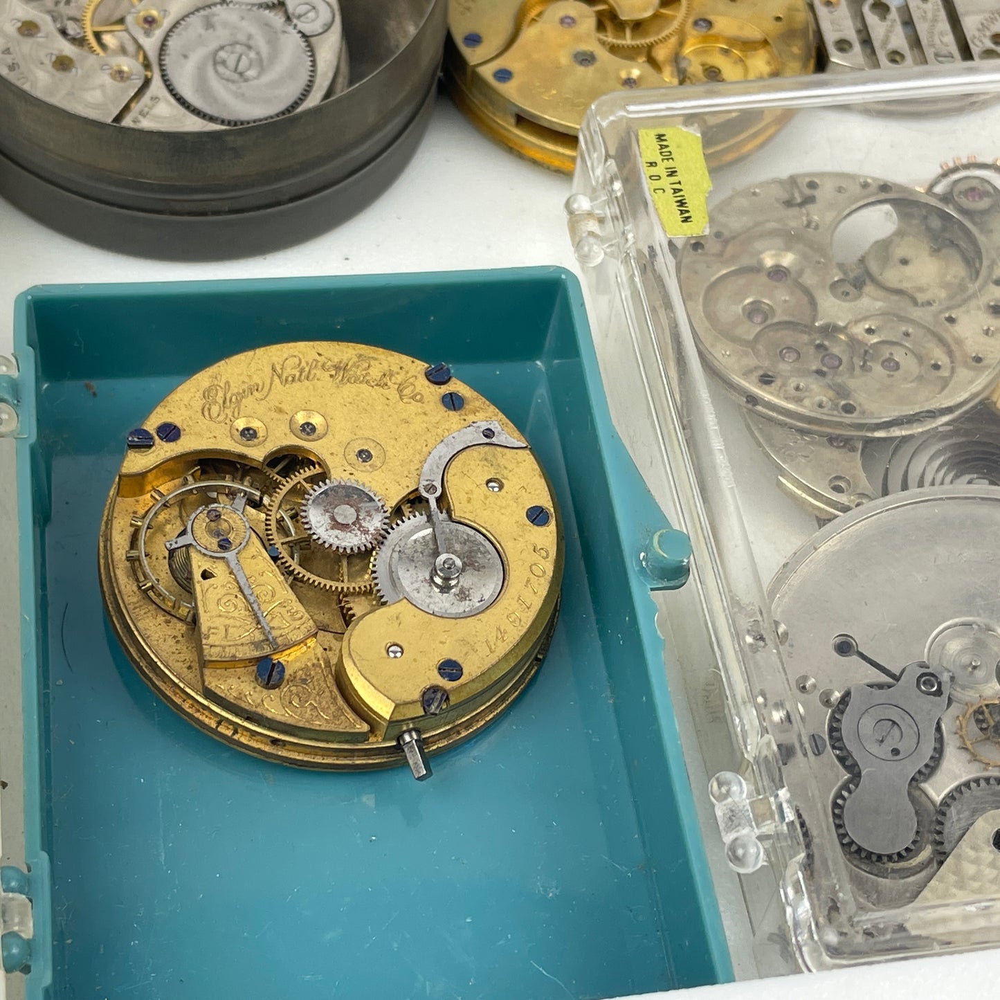 Lot 44 - Elgin Pocket Watch Parts Movement Tray Lot