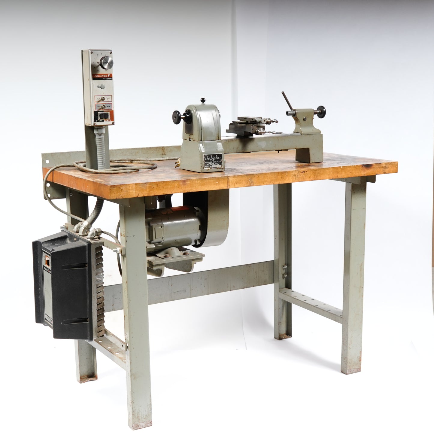 F. W. Derbyshire 10MM Model 750 Precision Lathe on Frame with Motor & Rheostat