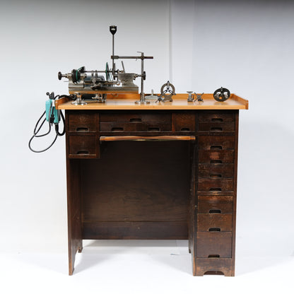 F. W. Derbyshire Watchmaker’s 10MM Lathe with Bench, Transmission Pulley & Accessories