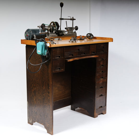 F. W. Derbyshire Watchmaker’s 10MM Lathe with Bench, Transmission Pulley & Accessories