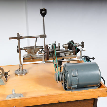 F. W. Derbyshire Watchmaker’s 10MM Lathe with Bench, Transmission Pulley & Accessories