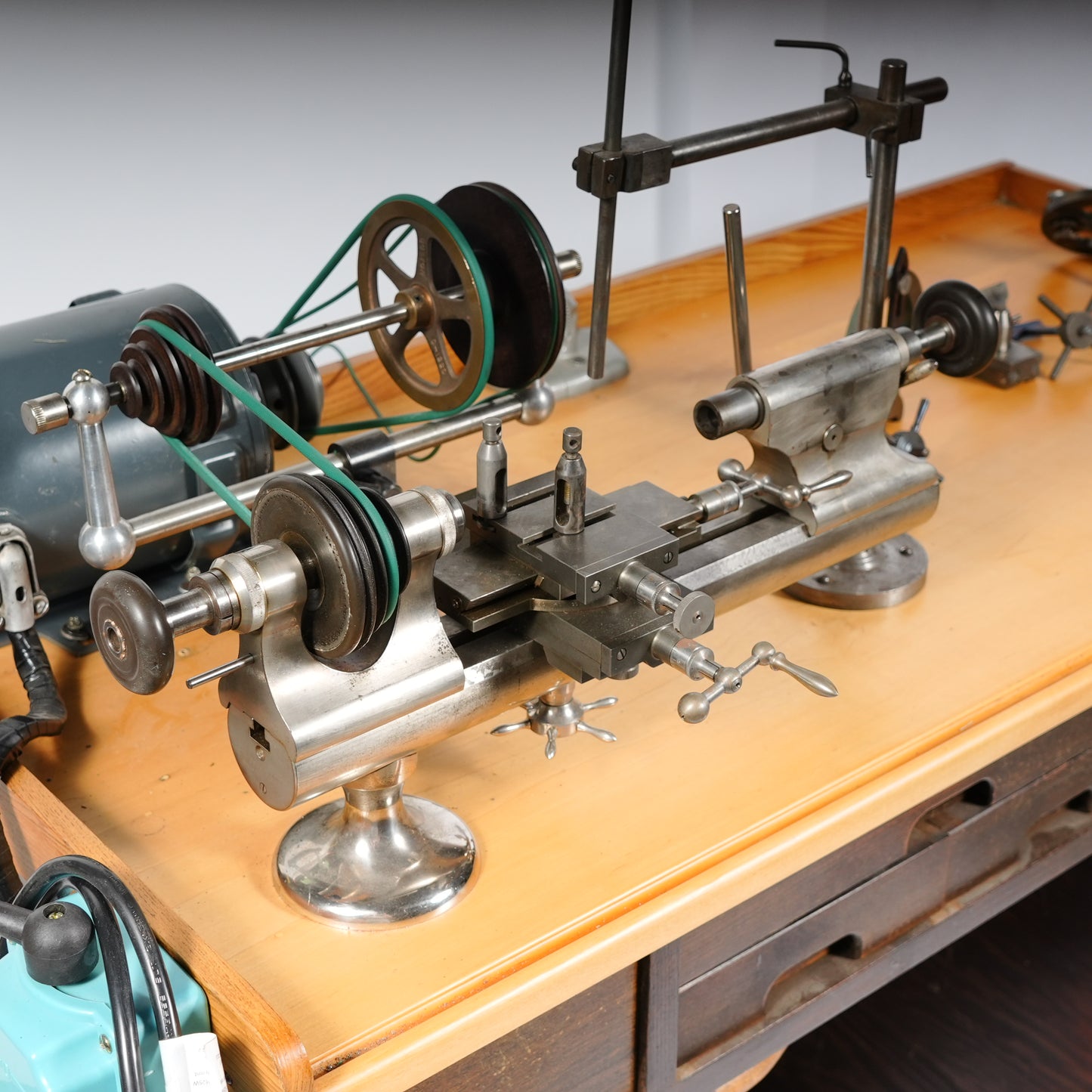 F. W. Derbyshire Watchmaker’s 10MM Lathe with Bench, Transmission Pulley & Accessories