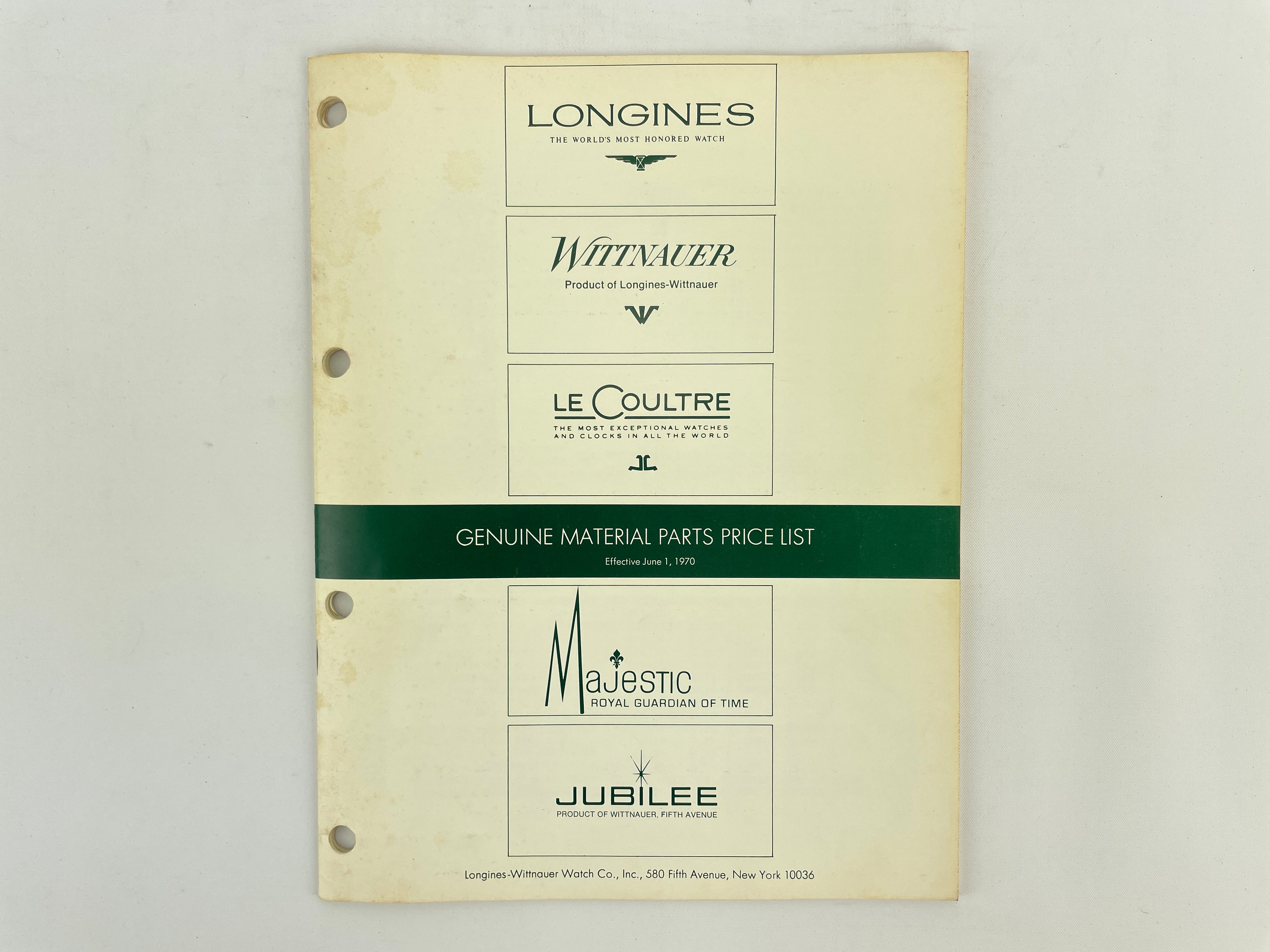 Longines Wittnauer Watch Co. Genuine Material Parts Price List