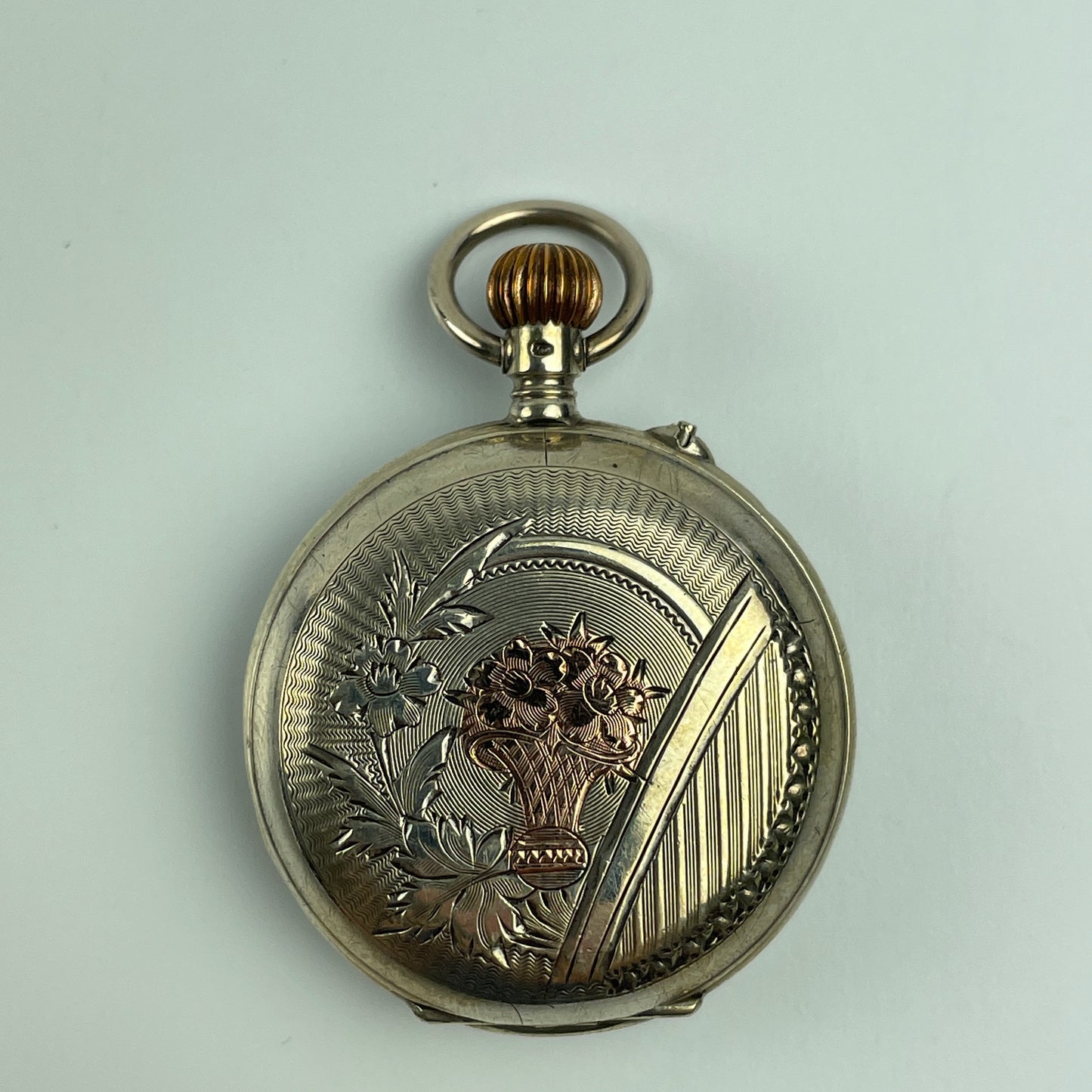 Lot 8- Swiss 35 MM Coin Silver with Gold Birds Pocket Watch