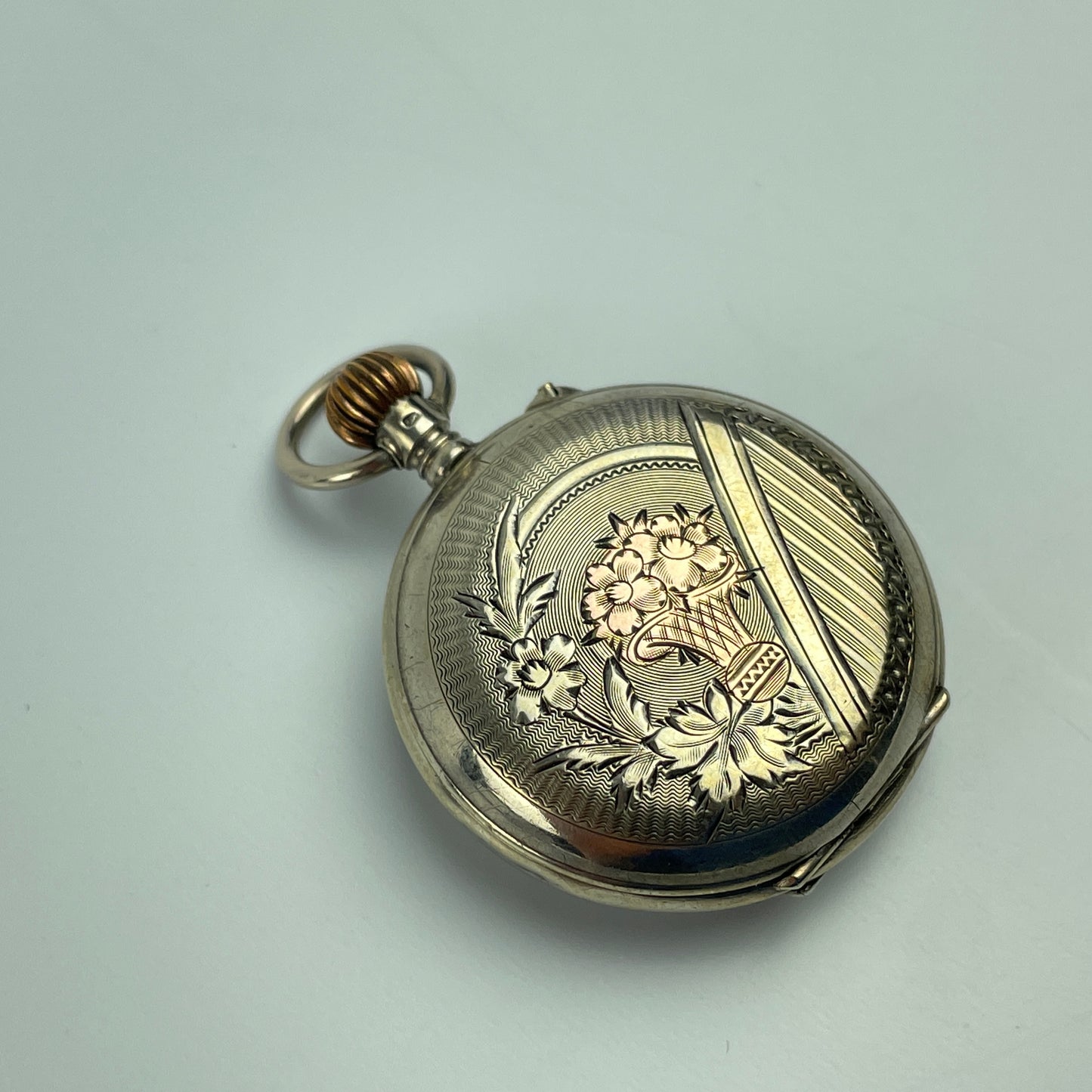 Lot 8- Swiss 35 MM Coin Silver with Gold Birds Pocket Watch