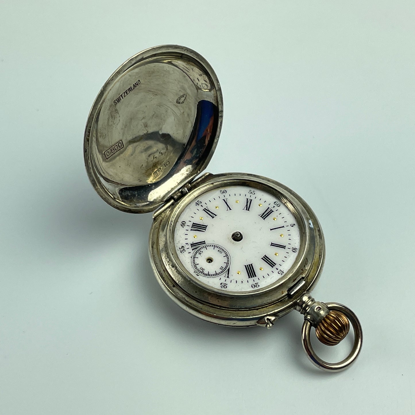 Lot 8- Swiss 35 MM Coin Silver with Gold Birds Pocket Watch